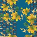 Photo metal grid and maple leaves on blue background. Seamless pattern for design. Royalty Free Stock Photo