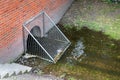Metal grid storm drain filter barrier. Clean water city channel spring. Grate rain drainage sewage garbage pollution Royalty Free Stock Photo