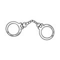 Metal handcuffs in black isolated on white background. Hand drawn vector sketch illustration in doodle engraved outline style.