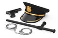 Metal Handcuffs, Black Rubber Police Baton or Nightstick, Powerful Metalic Police Pistol Gun and Police Officer Hat with Golden