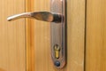 Metal handle and lock on wooden door, closeup view. Royalty Free Stock Photo