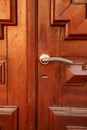 Metal handle on the wooden door in retro style.