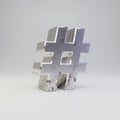 Metal hashtag symbol. 3D render scratched rusty metal font isolated on white background