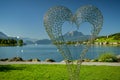 Metal heart sculpture at the shores of Lake Lucerne in Kussnacht am Rigi in Switzerland