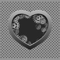 Metal heart with silver gears on the iron background.