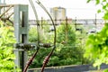 Metal high voltage electric supply cables over railway