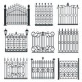 Metal iron gates, grilles, fences vector set