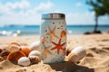 Metal jar with beautiful shells in the sand on the beach. Summer vacation, travel background. Generated by artificial Royalty Free Stock Photo