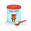 Metal jar of milk powder and full spoon. Flat vector icon of baby food. Infant formula. Nutrition for toddlers