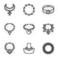 Metal jewelry icon set, outline style