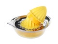 Metal juicer and squeezed orange isolated on white Royalty Free Stock Photo