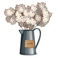 Metal kettle with lush white flowers. Vector illustration.