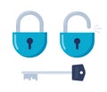 Metal key and a blue lock. Opened and locked padlock and key. Vector illustration Royalty Free Stock Photo