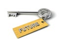 Metal Key with Future golden tag isolated on white. Key to Future concept. 3d illustration Royalty Free Stock Photo