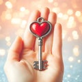 metal key heart shape love symbol in hand on pastel bikeh background for Valentine\'s Day Royalty Free Stock Photo