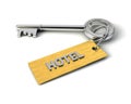 Metal Key with Hotel golden tag isolated on white. Key to Hotel concept. 3d illustration Royalty Free Stock Photo