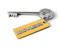 Metal Key with Knowledge golden tag isolated on white. Key to Knowledge concept. 3d illustration Royalty Free Stock Photo