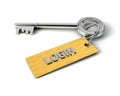 Metal Key with Login golden tag isolated on white. Key to Login concept. 3d illustration Royalty Free Stock Photo