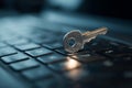 A metal key placed on a laptop keyboard represents digital security and data protection Royalty Free Stock Photo