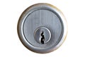 Metal key plate with keyhole of a cylinder lock in a door on white Royalty Free Stock Photo