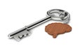 Metal key with wooden Brain shaped keychain isolated on white background. Brain concept. 3d illustration.