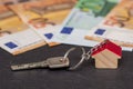 Key with house shaped key chain with euro banknotes Royalty Free Stock Photo