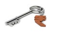 Metal key with wooden Indian Rupee shaped keychain isolated on white background. 3d illustration.