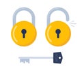 Metal key and a yellow lock. Opened and locked padlock and key. Vector illustration Royalty Free Stock Photo