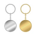 Metal keychain. Set of realistic golden and silver round shape keyring. Vector.