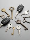 Metal keys and remote control resting on welllit surface Royalty Free Stock Photo