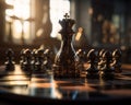 Metal king chess figure among the other pieces on the chess board. Close up. Blurred backdrop. Generative AI Royalty Free Stock Photo