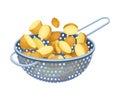 Metal Kitchen Colander or Strainer with Sliced Potatoes Inside Vector Illustration