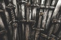 Metal knight swords background. Close up.