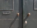 metal knobs in the shape of bulls' heads at the main entrance door of the bullring in the village of Coruche