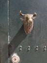 metal knobs in the shape of bulls' heads at the main entrance door of the bullring in the village of Coruche