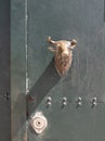 metal knobs in the shape of bulls& x27; heads at the main entrance door of the bullring in the village of Coruche