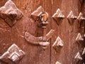 Metal knocker on an old wooden door and surrounded by deterrent skewers