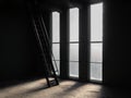 Metal ladders silhouette against tall bright glass windows going up into roof of room in dark old building shadows on the floor gi Royalty Free Stock Photo