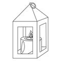 Metal lantern with burning candle, doodle style flat vector outline for coloring book