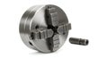 Metal lathe chuck with actuator on white background, ai generated Royalty Free Stock Photo