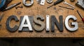 Metal letters spelling casing on workshop bench with tools Royalty Free Stock Photo
