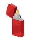 Metal lighter with burning flame. Accessory for hiking, tourism, camping.