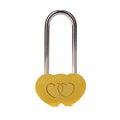 metal lock in the shape of two hearts in gold color on a white isolated background Royalty Free Stock Photo