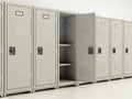 Metal locker storage cabinets for school, fitness club or gym isolated on white background. 3D illustration Royalty Free Stock Photo