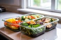 metal lunchbox with plastic containers filled with salads inside