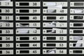 Metal mailboxes with keyholes, numbers and receipts as background