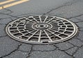 Road markings run parallel to the manhole on the left side of the Royalty Free Stock Photo