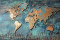 A metal map of the world on a blue background, showcasing the continents and countries with accuracy and precision, A map of the Royalty Free Stock Photo