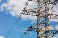 Metal mast for the transmission of high voltage electricity against the blue sky Royalty Free Stock Photo