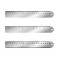 Metal measuring rulers in centimeters, inches, millimeter - aparted and combined. Vector.
